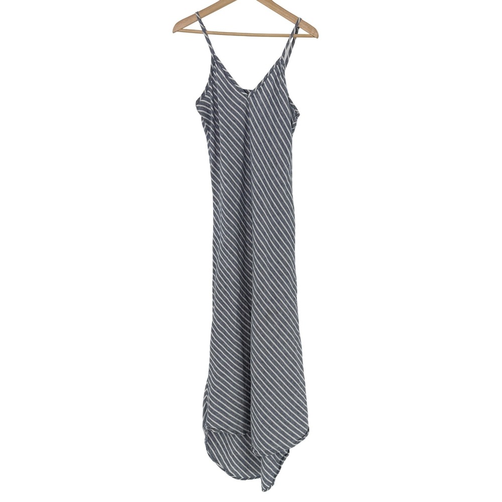 Artisan Striped Maxi Dress Gray White Linen Asymmetrical Hem Size 12 Flaw
